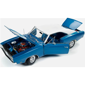 DODGE CHARGER HEMMING 1969 MUSCLE MACHINES BLUE W/WHITE ROOF 1:18 Auto World Auto Stradali Modellino