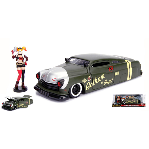HARLEY QUINN WITH 1951 MERCURY MATT DARK GREEN 1:24 Jada Toys Movie Modellino