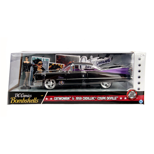 CATWOMAN 1959 WITH CADILLAC COUPE DEVILLE BLACK 1:24 Jada Toys Movie Modellino