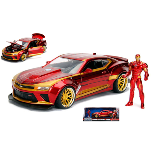 IRON MAN WITH 2016 CHEVY CAMARO METALLIC RED 1:24 Jada Toys Movie Modellino