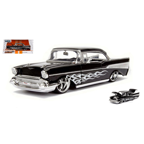 CHEVY BEL AIR 1957 BLACK WITH WHITE FLAMES 1:24 Jada Toys Tuning Modellino