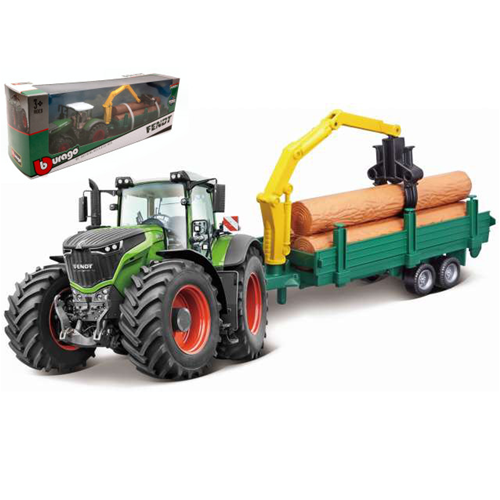 FENDT 1050 VARIO TRACTOR + TRAILER WOODEN LOGS cm 26 Burago Mezzi Agricoli e Accessori Modellino