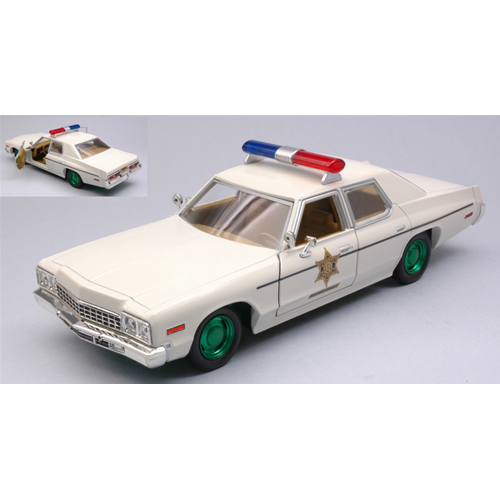 DODGE MONACO 1975 HAZZARD COUNTY SHERIFF CREAM GREEN WHEELS 1:24 Greenlight Movie Modellino
