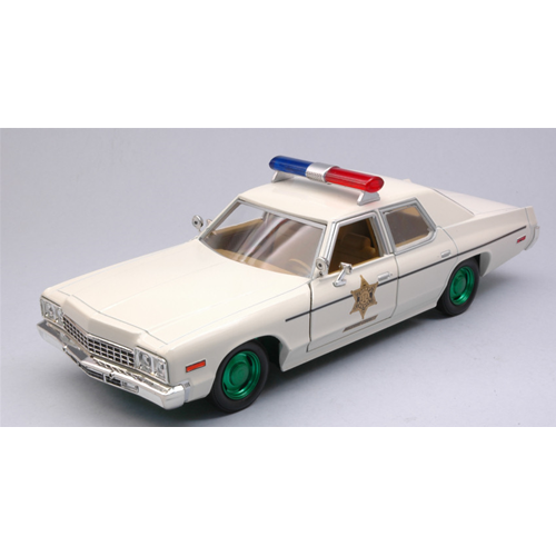 DODGE MONACO 1975 HAZZARD COUNTY SHERIFF CREAM GREEN WHEELS 1:24 Greenlight Movie Modellino