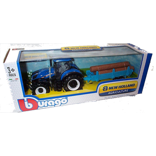 NEW HOLLAND T7.315 TRACTOR + TRAILER 1:32 Burago Mezzi Agricoli e Accessori Modellino