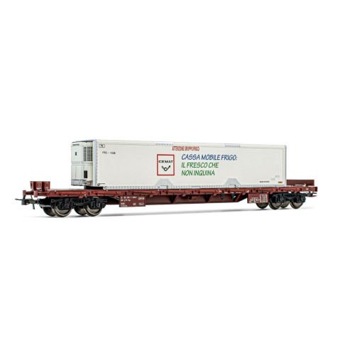 FS CARRO 4 ASSI TIPO Rgs CARICATO CON CONTAINER FRIGO DA 40' EP.V H0 1:87 Rivarossi Treni Modellino