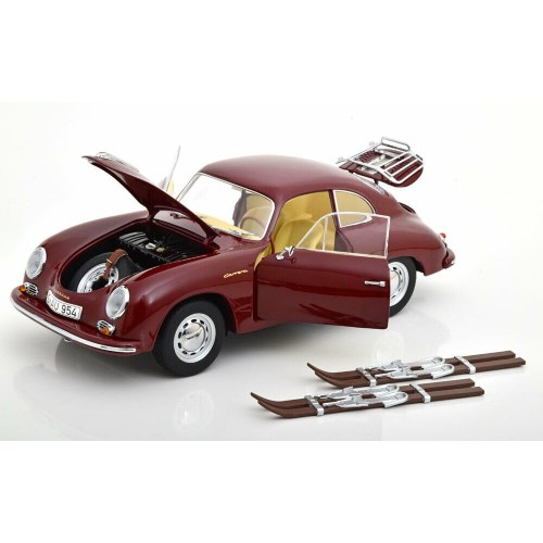 PORSCHE 356A CARRERA COUPE WITH SKI 1954 AMARANT RED 1:18 Schuco Auto Stradali Modellino