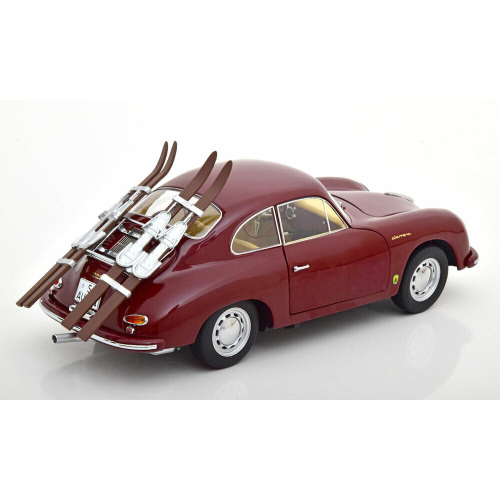 PORSCHE 356A CARRERA COUPE WITH SKI 1954 AMARANT RED 1:18 Schuco Auto Stradali Modellino