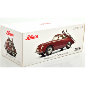PORSCHE 356A CARRERA COUPE WITH SKI 1954 AMARANT RED 1:18 Schuco Auto Stradali Modellino