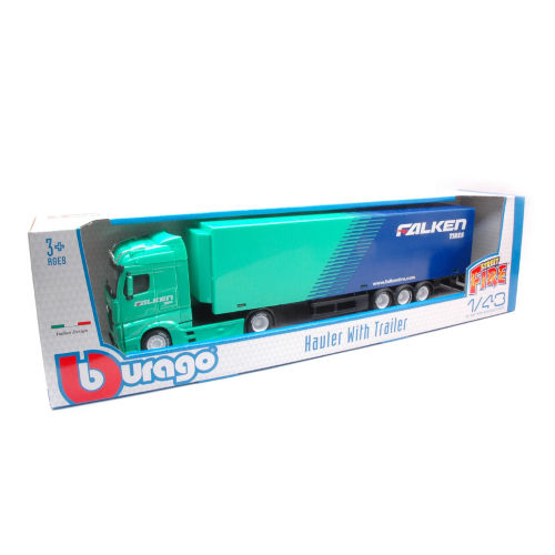 MERCEDES ACTROS GIGASPACE HAULER WITH TRAILER "FALKEN TIRES" 1:43 Burago Camion Modellino
