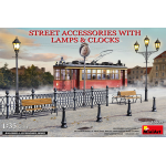 STREET ACCESSORIES WITH LAMPS & CLOCKS KIT 1:35 Miniart Kit Diorami Die Cast Modellino
