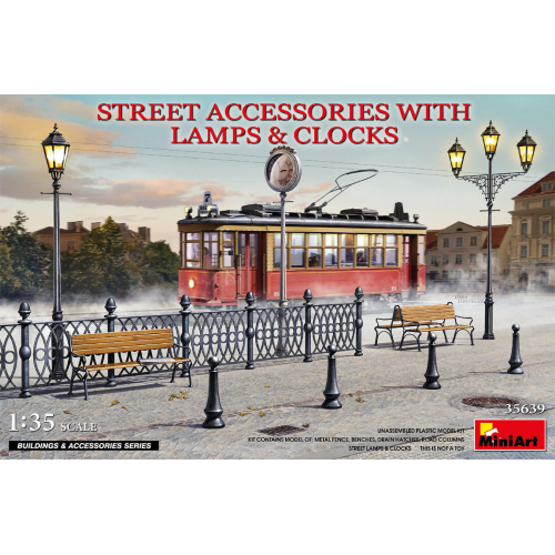 STREET ACCESSORIES WITH LAMPS & CLOCKS KIT 1:35 Miniart Kit Diorami Die Cast Modellino