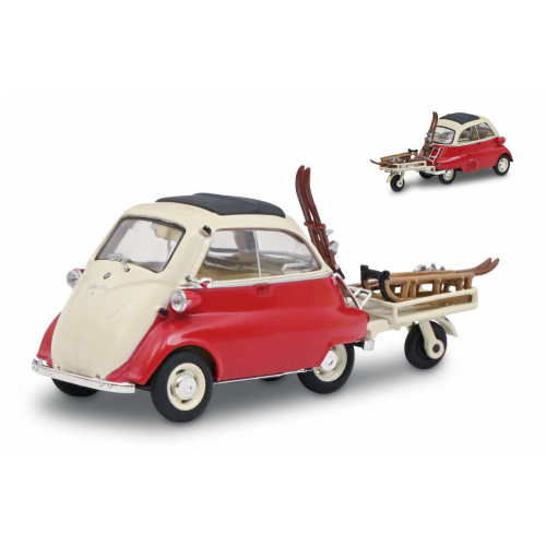 BMW ISETTA CLOSED ROOF WITH SKI 1960 WHIT TRAILER + SKI 1:43 Schuco Auto Stradali Modellino
