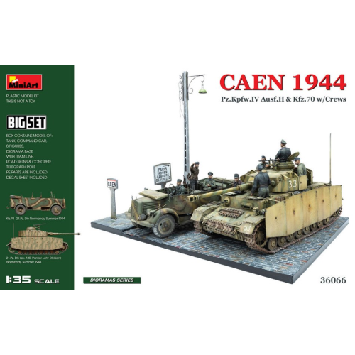 CAEN 1944: PZ.KPFW.IV AUSF.H & KFZ.70 W/CREWS.BIG SET KIT 1:35 Miniart Kit Mezzi Militari Modellino
