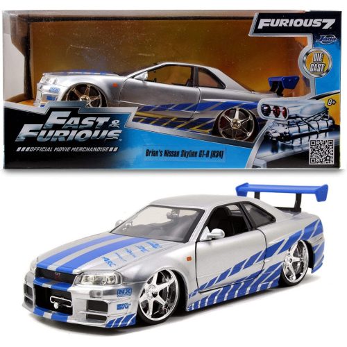 BRIAN'S 2002 NISSAN SKYLINE GTR R-34 FAST & FURIOUS 1:24 Jada Toys Movie Modellino