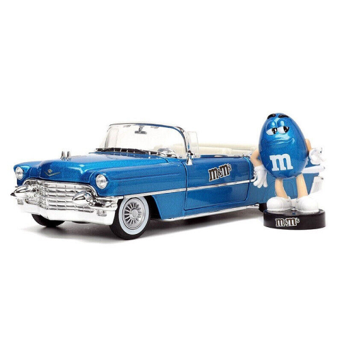 CADILLAC ELDORADO WITH BLUE FIGURE "M&M'S" 1956 BLUE 1:24 Jada Toys Movie Modellino
