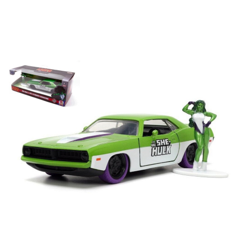 PLYMOUTH BARRACUDA "THE SAVAGE SHE HULK" + FIGURE GREEN/WHITE 1:32 Jada Toys Movie Modellino