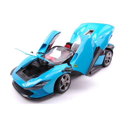 FERRARI DAYTONA SP3 2022 LIGHT BLUE SIGNATURE W/OPENINGS 1:18 Burago Auto Stradali Modellino