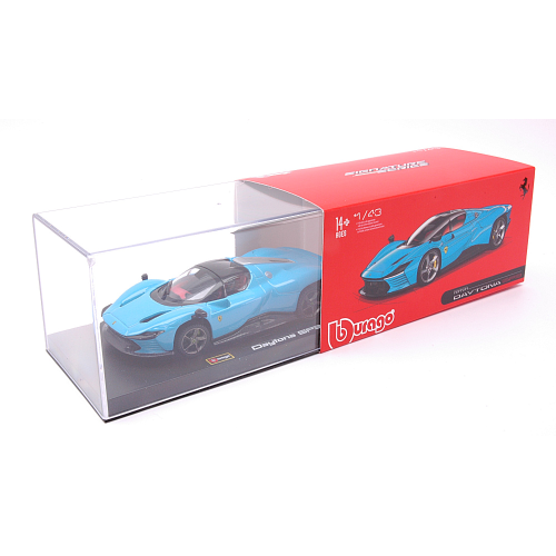 FERRARI DAYTONA SP3 2022 LIGHT BLUE SIGNATURE WITH SHOWCASE 1:43 Burago Auto Stradali Modellino
