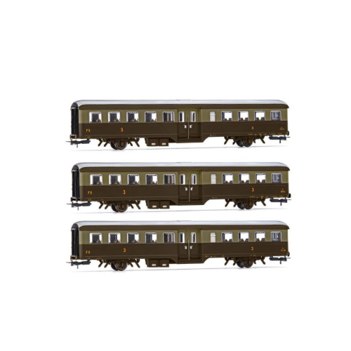 FS 3-UNIT PACK CORBELLINI 1947 COACHES 2-AXLE CASTANO ISAB.EP.V-VI 1:87 Rivarossi Treni Modellino