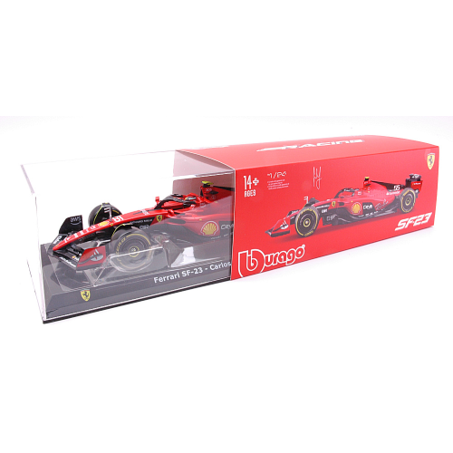 FERRARI SF-23 F1 N.55 CARLOS SAINZ 2023 WITH PILOT + HARD CASE 1:24 Burago Formula 1 Modellino