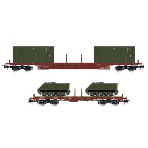 FS 2-UNIT PACK 4-AXLE FLAT TWO 20' CONTAINERS + TWO M113 EP.IV-V 1:87 Rivarossi Treni Modellino