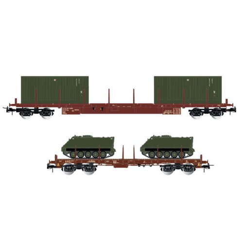 FS 2-UNIT PACK 4-AXLE FLAT TWO 20' CONTAINERS + TWO M113 EP.IV-V 1:87 Rivarossi Treni Modellino