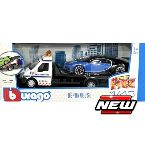 BUGATTI CHIRON + FLATBED TRANSPORTER 1:43 Burago Auto Stradali Modellino
