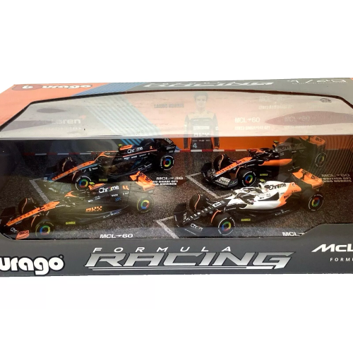 SET MC LAREN LANDO NORRIS ABU DHABI 2022-BRITAIN-SINGAPORE-MONACO 2023 1:43 Burago Formula 1 Modellino