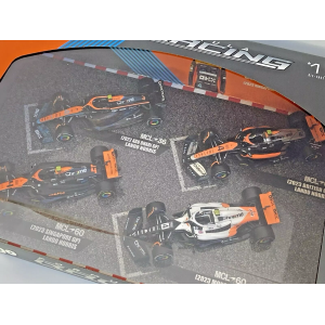 SET MC LAREN LANDO NORRIS ABU DHABI 2022-BRITAIN-SINGAPORE-MONACO 2023 1:43 Burago Formula 1 Modellino