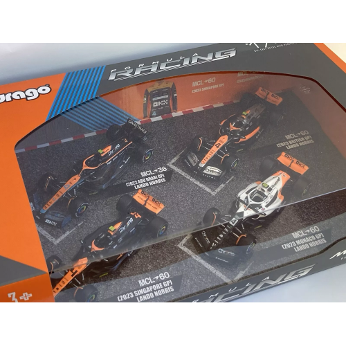 SET MC LAREN LANDO NORRIS ABU DHABI 2022-BRITAIN-SINGAPORE-MONACO 2023 1:43 Burago Formula 1 Modellino