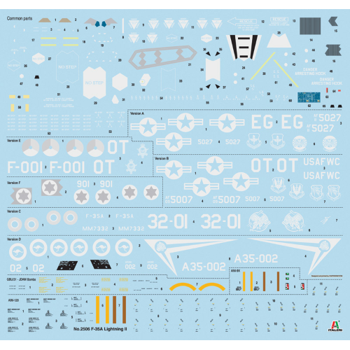 F-35A LIGHTING II LOCKHEED (49 cm) DECALS x 5 VERSIONI KIT 1:32 Italeri Kit Aerei Modellino