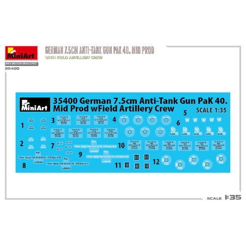 GERMAN 7,5 cm ANTI-TANK GUN PAK 40 MID PROD WITH ARTILLERY CREW KIT 1:35 Miniart Kit Mezzi Militari Modellino