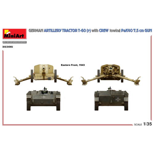 GERMAN ARTILLERY TRACTOR T-60 (r) W/PAK40 GUN & CREW KIT 1:35 Miniart Kit Mezzi Militari Modellino