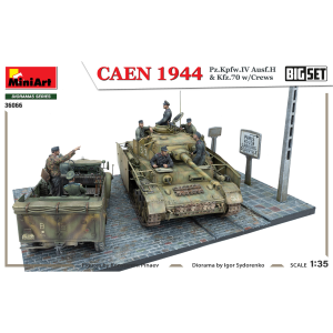 CAEN 1944: PZ.KPFW.IV AUSF.H & KFZ.70 W/CREWS.BIG SET KIT 1:35 Miniart Kit Mezzi Militari Modellino