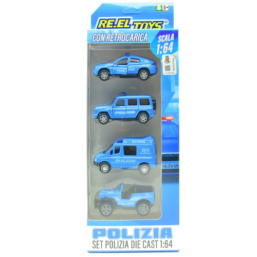 SET 4 PZ.VEICOLI POLIZIA CON RETROCARICA 1:64 RE.EL.Toys Forze dell'Ordine Modellino