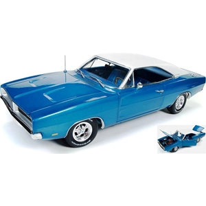 DODGE CHARGER HEMMING 1969 MUSCLE MACHINES BLUE W/WHITE ROOF 1:18 Auto World Auto Stradali Modellino