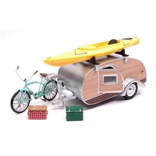 ROULOTTE TEAR DROP TRAILER 1947 WITH KAJAK & BICYCLE 1:24 Greenlight Auto Stradali Modellino