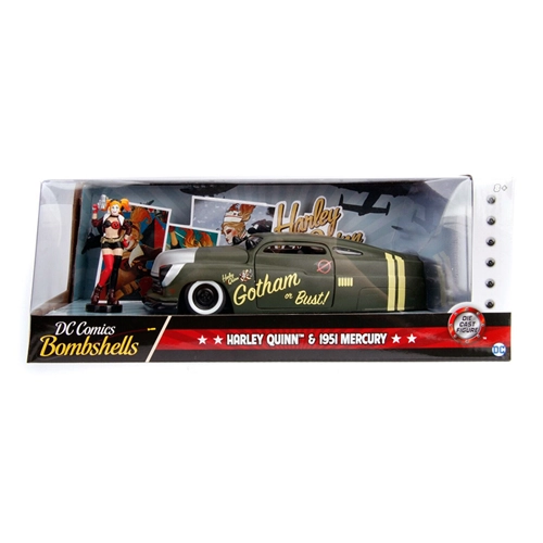 HARLEY QUINN WITH 1951 MERCURY MATT DARK GREEN 1:24 Jada Toys Movie Modellino