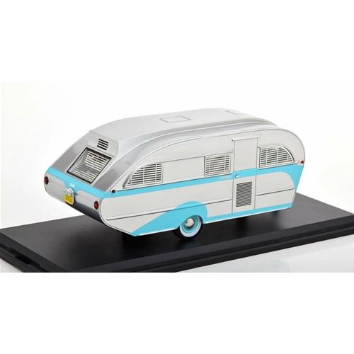 AERO FLITE FALCON 1947 TRAVEL TRAILER SILVER/TURQUOISE 1:43 Neo Scale Models Campers-Roulottes Modellino