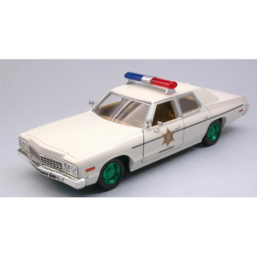 DODGE MONACO 1975 HAZZARD COUNTY SHERIFF CREAM GREEN WHEELS 1:24 Greenlight Movie Modellino