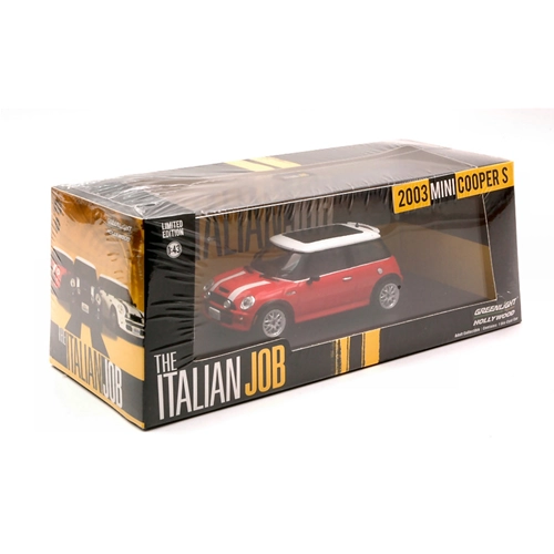 MINI COOPER S THE ITALIAN JOB 2003 RED WITH WHITE STRIPES 1:43 Greenlight Movie Modellino