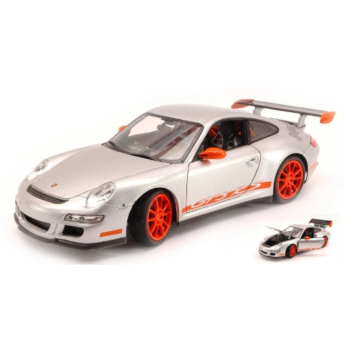 PORSCHE 911 GT3 RS 2007 GREY WITH ORANGE STRIPS 1:18 Welly Auto Stradali Modellino