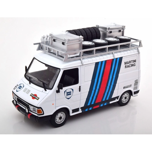 FIAT 242 MARTINI RALLY TEAM 1986 ASSISTANCE WITH ROOF TIRES 1:18 Ixo Model Auto Rally Modellino
