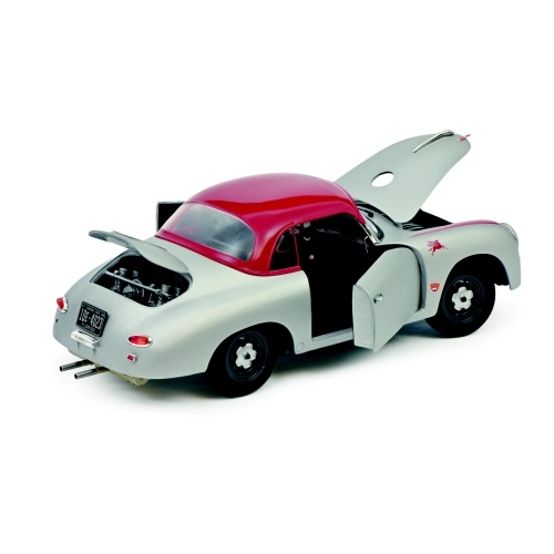 PORSCHE 356 OUTLAW SPIDER CLOSED HAR TOP 1952 SILVER-RED 1:18 Schuco Auto Stradali Modellino