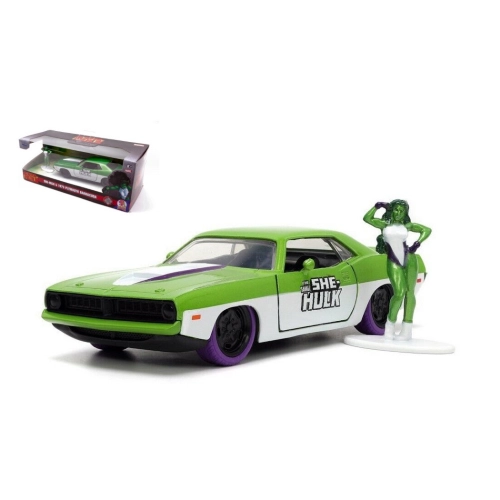 PLYMOUTH BARRACUDA "THE SAVAGE SHE HULK" + FIGURE GREEN/WHITE 1:32 Jada Toys Movie Modellino