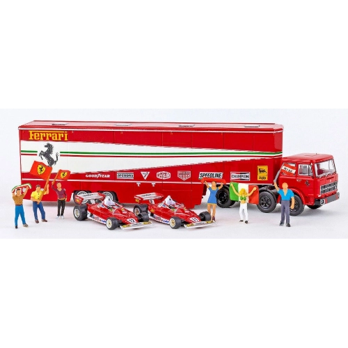 FIAT 691 T RENNTRANSPORT FERRARI 1977 + 2 FERRARI 312 T2 F1 + 6 FIGURES 1:87 Brekina Auto Stradali Modellino