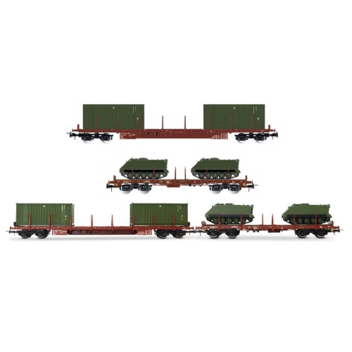 FS 2-UNIT PACK 4-AXLE FLAT TWO 20' CONTAINERS + TWO M113 EP.IV-V 1:87 Rivarossi Treni Modellino