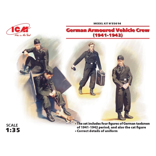 GERMAN ARMOURED VEHICLE CREW 1941-1942 4 FIGURES AND CAT KIT 1:35 ICM Kit Figure Militari Modellino