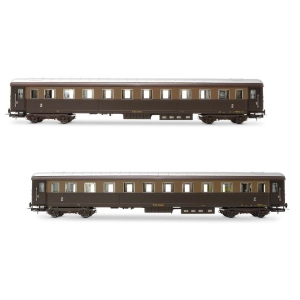 FS SET 2 CARROZZE LIVREA CASTANO/ISABELLA, 1 DI 2a CLASSE CON COMPARTO RISTORO 1946 E 1 DI 2a CLASSE EP.IIIB BZ33010 1:87 Rivarossi Treni Modellino